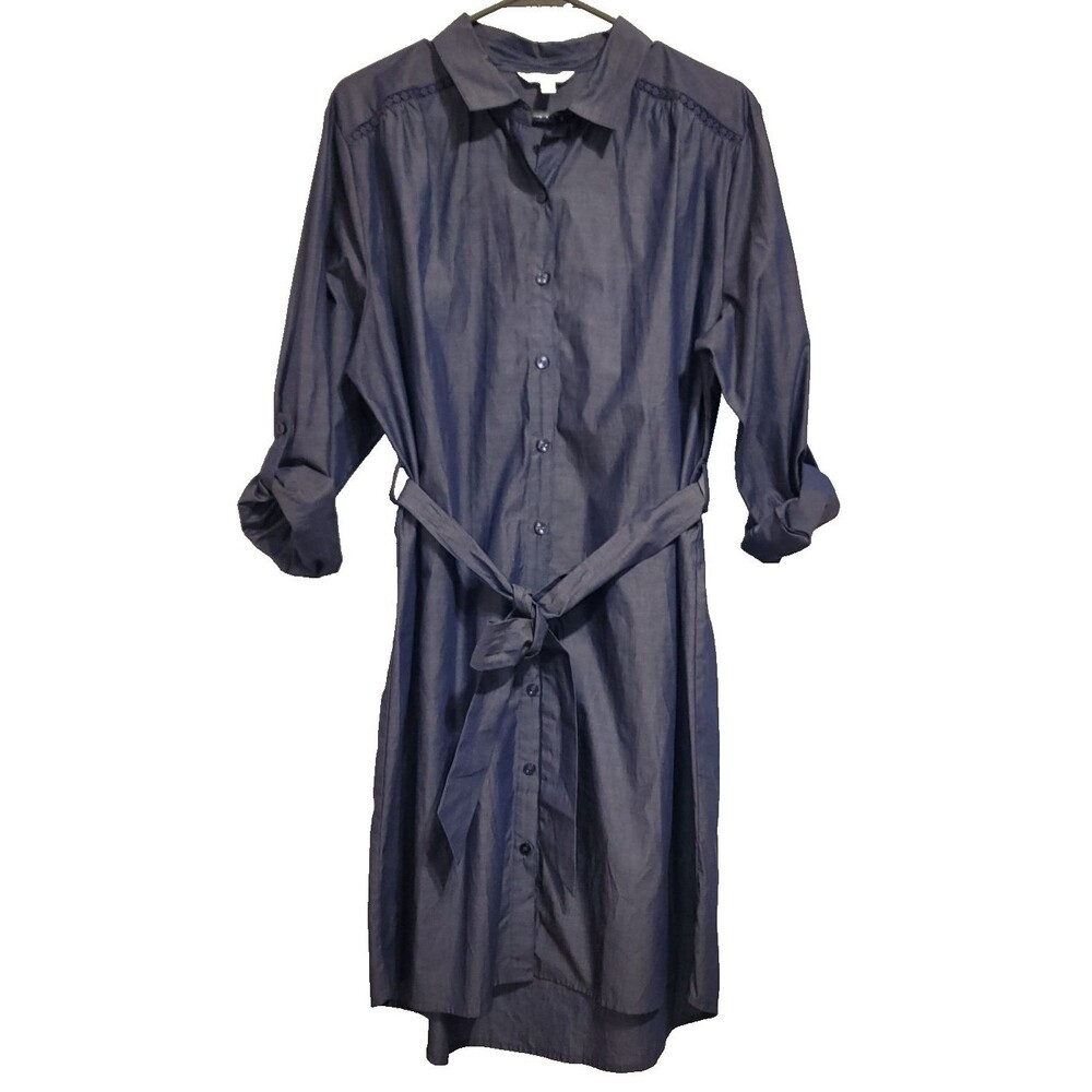 Time and Tru Chambray Shirt Dress XL 16-18 Blue Button Up Long Roll Tab Sleeve